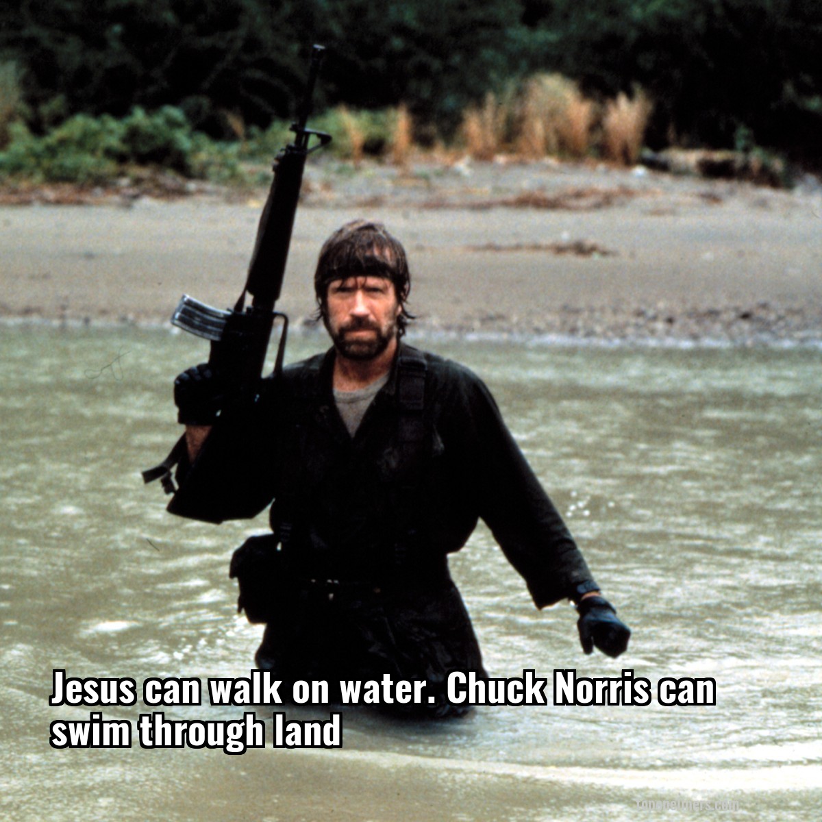 Jesus can walk on water. Chuck Norris can swim through land