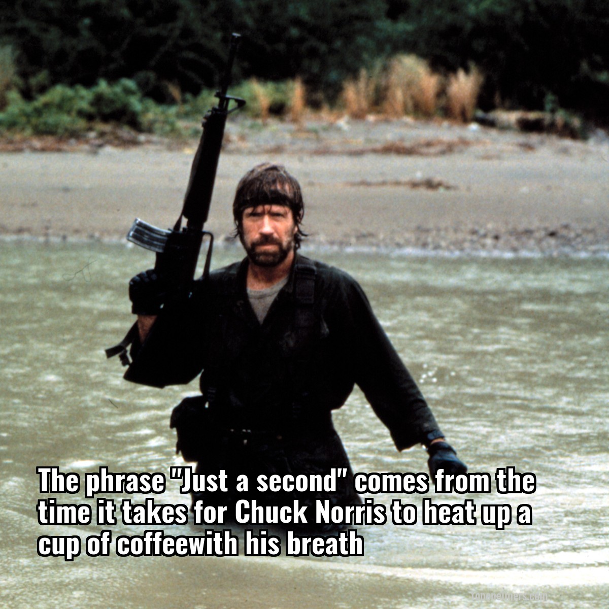The phrase "Just a second" comes from the time it takes for Chuck Norris to heat up a cup of coffeewith his breath